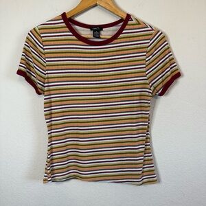 Rue 21 Retro Maroon Stripe Short Sleeve Super Stretchy Y2K Casual Shirt Size MED
